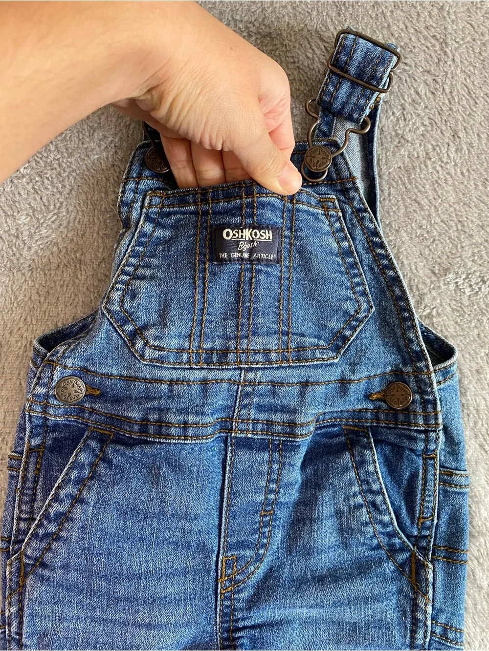 OshKosh B'gosh Classic Blue Denim Baby Overalls 6M Dark Wash Stretchy 90s Retro